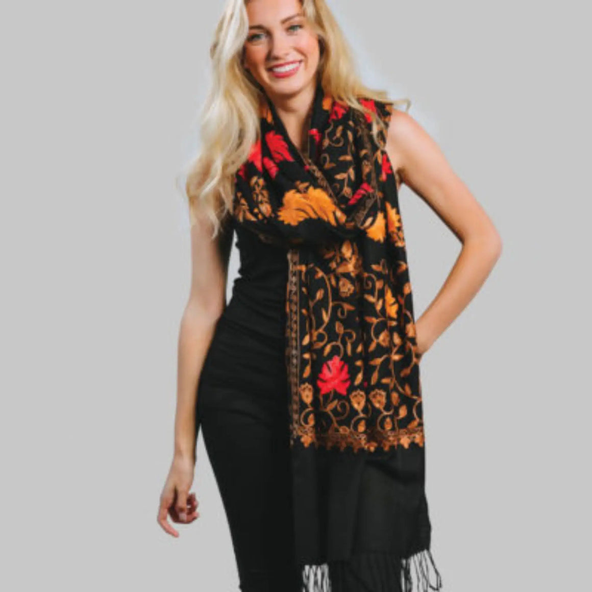 Embroidered Wool Shawl - Black & Autumn