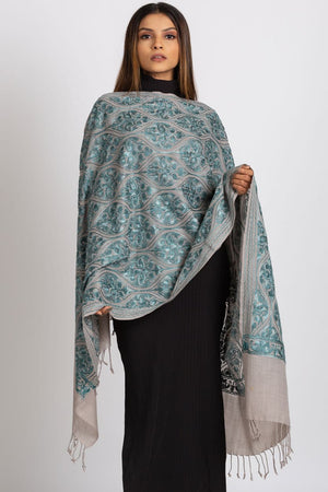 Surani Embroidered Shawl-Silver and Teal
