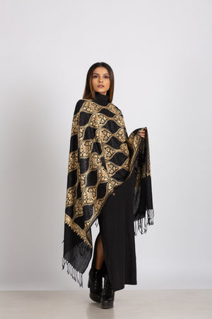 Surani Embroidered Shawl-Black and Gold
