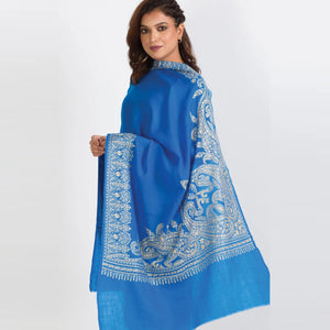 Geeta Embroidered Wool Shawl, Blue & Champagne