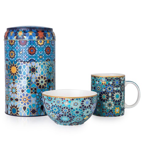 Tin Box With Mug & Bowl - Moucharabieh Blue