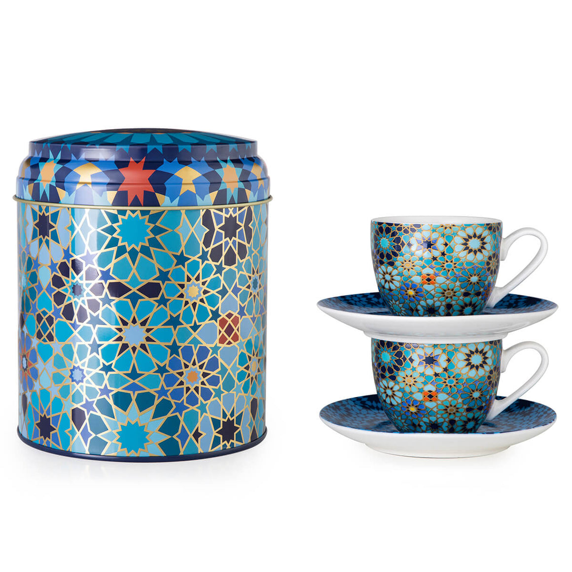 Tin Box With 2 Cups & Saucer - Moucharabieh Blue