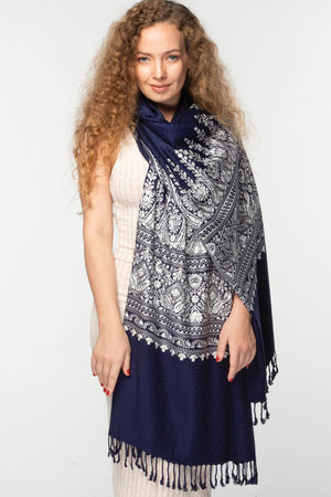 Vimala Embroidered Shawl-Navy and White