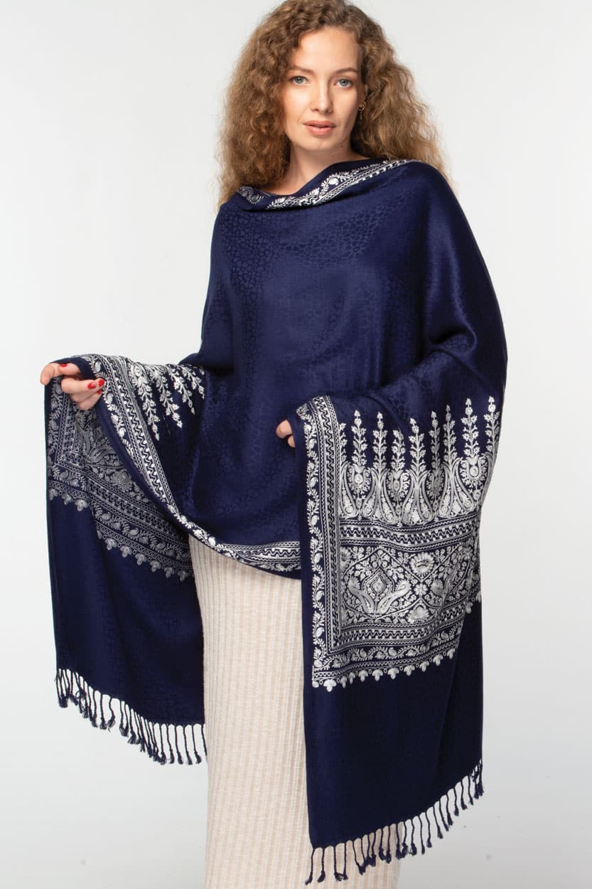 Vimala Embroidered Shawl-Navy and White