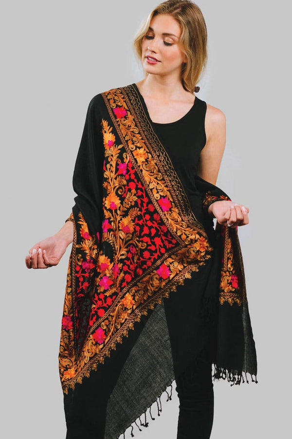 Karuna Embroidered Shawl, Black and Ruby Multi - Aga Khan Museum Shop