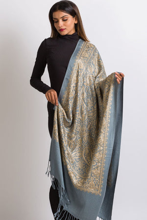 Vijahya Embroidered Shawl, Steel Blue and Gold