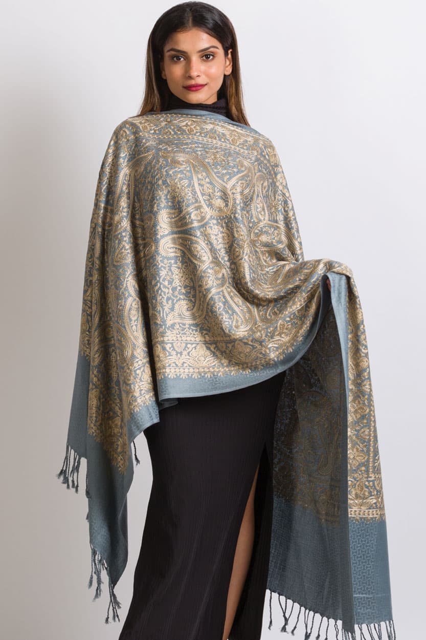 Vijahya Embroidered Shawl, Steel Blue and Gold
