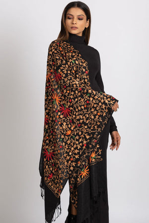 Kamal Embroidered Shawl, Black and Multicolor