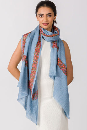 Taisha Hand-Embroidered Shawl-Light Blue