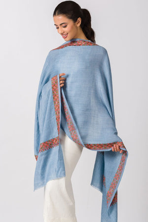 Taisha Hand-Embroidered Shawl-Light Blue