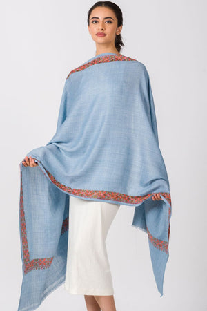 Taisha Hand-Embroidered Shawl-Light Blue