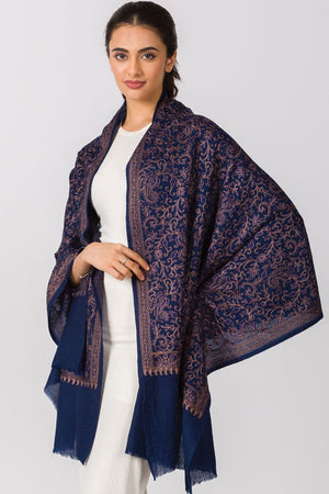 Paisley Embroidered Shawl-Navy Blue and Copper