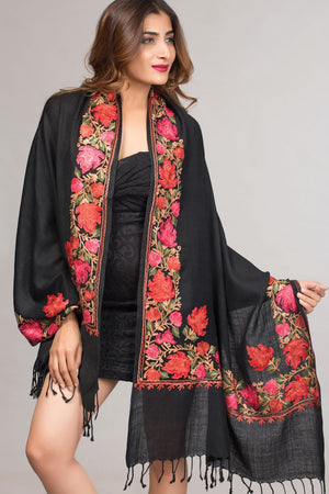 Taj Embroidered Shawl, Black Multi Leaves