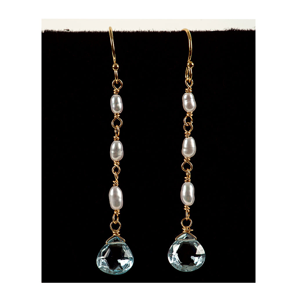 Azki Jewelry-Long dangle briolette earrings-Blue topaz and pearls