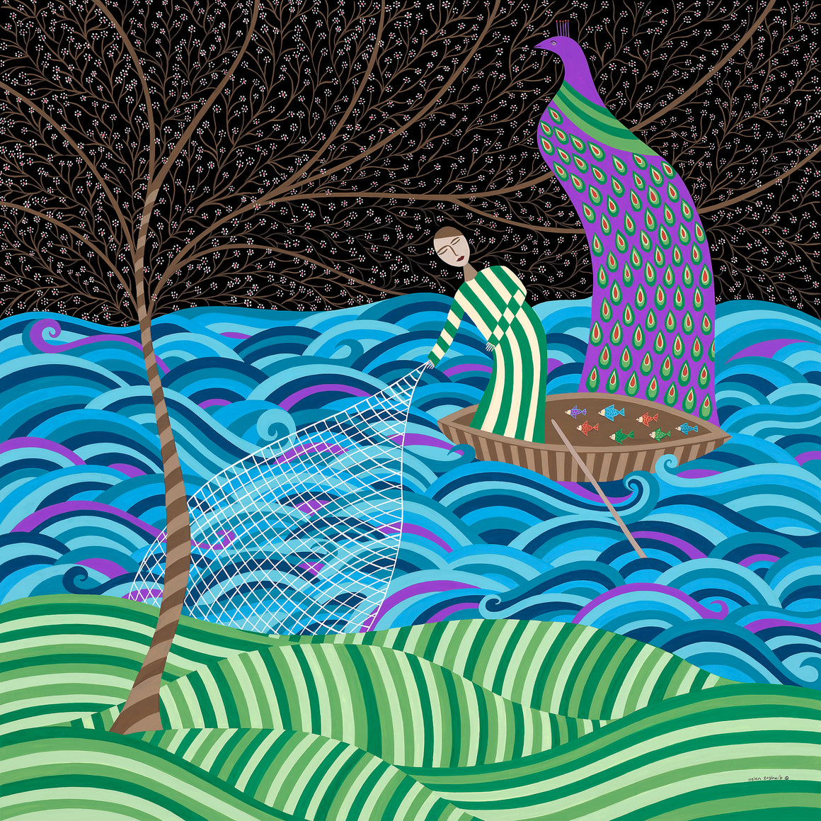 Moonlight Fishing by Helen Zughaib - Painting