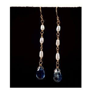 Azki Jewelry-Long dangle briolette earrings-Kyanite and Pearls