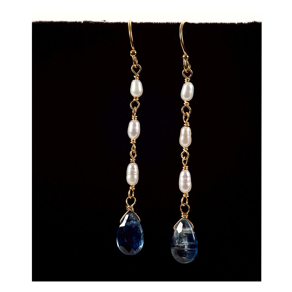 Azki Jewelry-Long dangle briolette earrings-Kyanite and Pearls