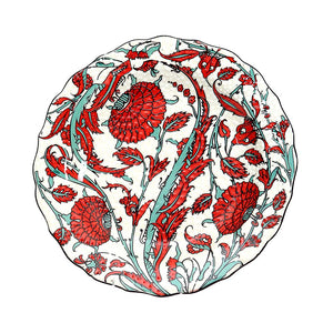 Iznik Plate-Red and white carnation embossed pattern