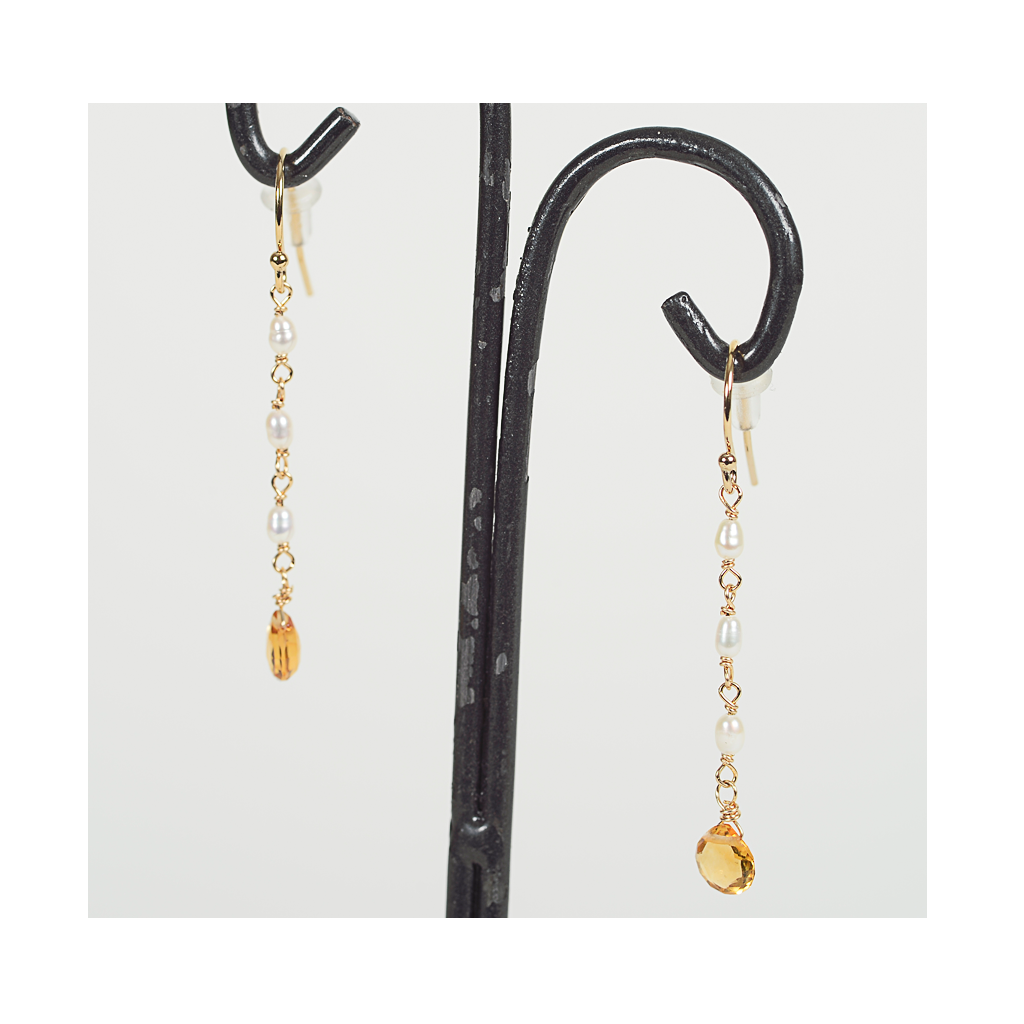 Long Dangle Earrings-Citrine and Pearls