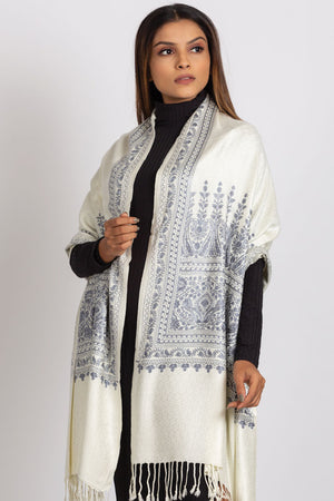 Vimala Embroidered Shawl-Ivory and Steel Blue