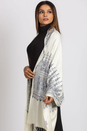 Vimala Embroidered Shawl-Ivory and Steel Blue