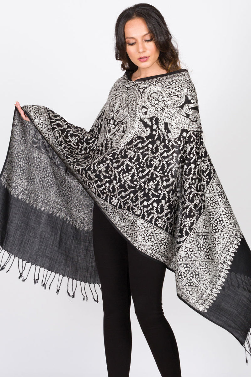 Sanika Embroidered Wool Shawl-black & Silver- - Aga Khan Museum Shop