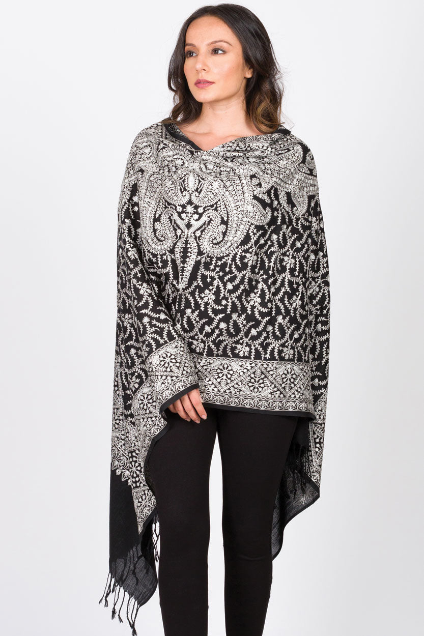 Sanika Embroidered Wool Shawl-Black & Silver-