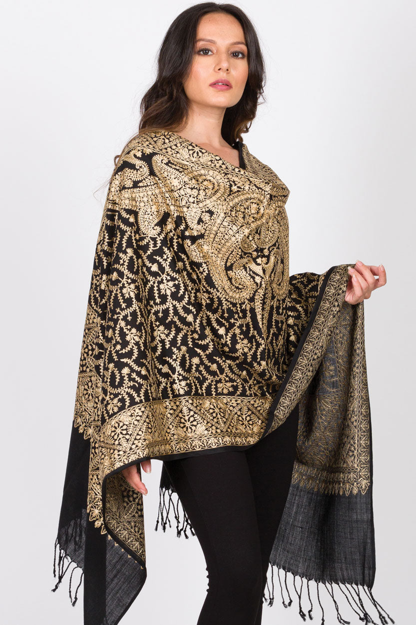 Sanika Embroidered Shawl-Black & Gold
