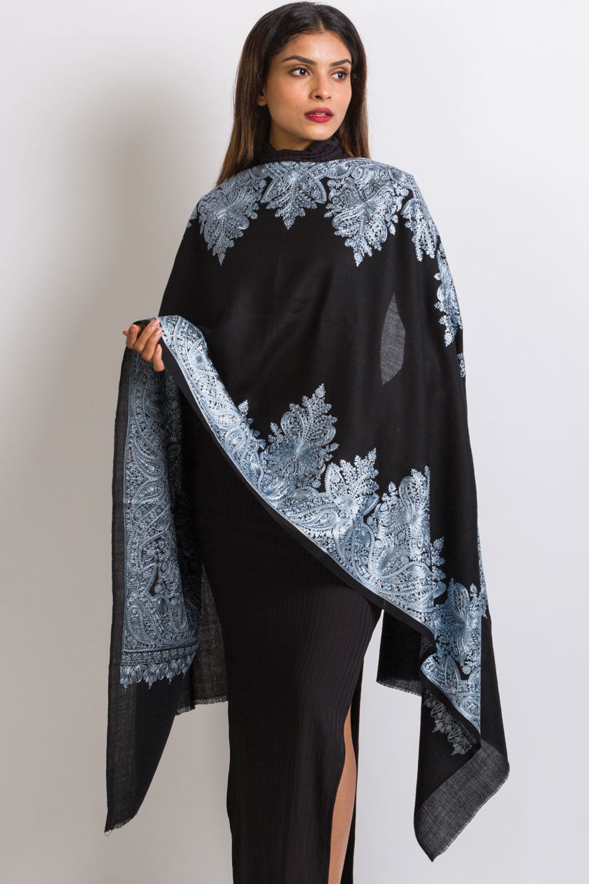 Priya Embroidered Shawl-Black and Steel Blue