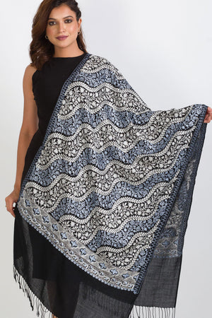 Sumitra Embroidered Shawl, Black & Silver Waves