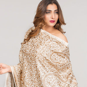 Tanya Embroidered Ivory Shawl with gold